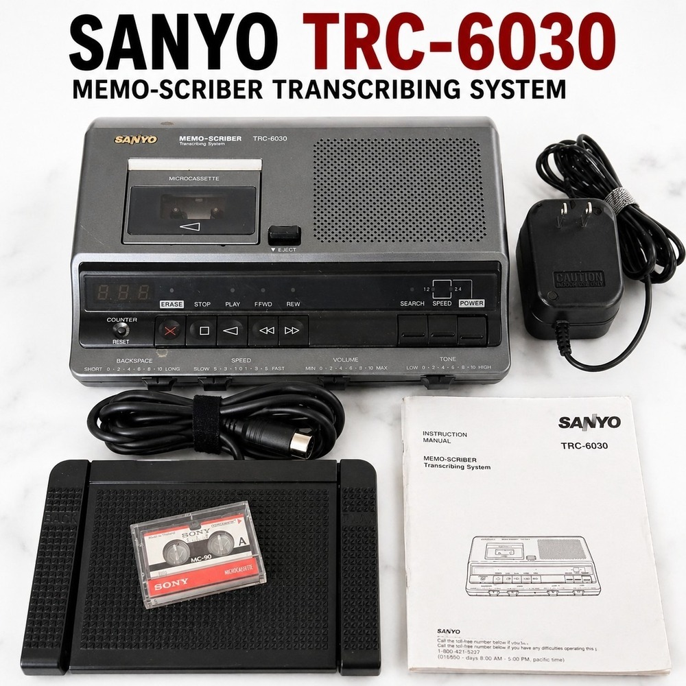 Sanyo TRC-6030 Memo Scriber Transcription System w/ Foot Pedal Tested Powers On